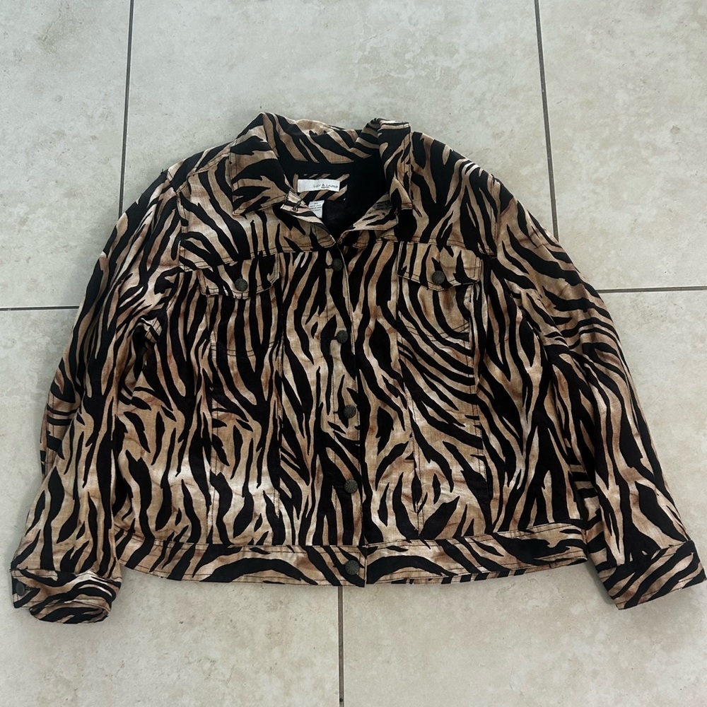 Lucy & Laurel Linen Zebra Animal Black Tan Button Jacket Coat Womens Plus SZ 3X